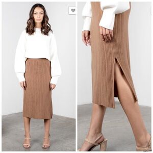 Mod Ref Ribbed Sweater Midi Skirt with Slit Minimalist Capsule Tan Small